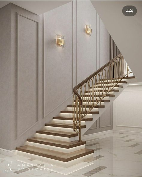 Classic Stairs Design Luxury, Unique Staircase Wall Decor, Stairs Modern Classic, Stairs Classic Design, Staircase Moulding Design, Neoclassical Stairs, Staircase Moulding Ideas, Stairs Moulding Design, Moulding On Staircase Wall