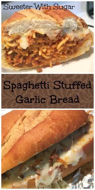 Spaghetti Stuffed Garlic Bread is an easy dinner recipe that is perfect for a busy weeknight meal. #DinnerIdeas #GroundBeef #StuffedFrenchBread #Spaghetti Baked Spaghetti In Garlic Bread, Stuffed Spaghetti Garlic Butter Rolls, Spaghetti Pasta Recipes, Spaghetti Stuffed Garlic Bread, Garlic Bread Spaghetti, Spaghetti Bread, Dish Magazine, Lego Gingerbread House, Stuffed Garlic Bread