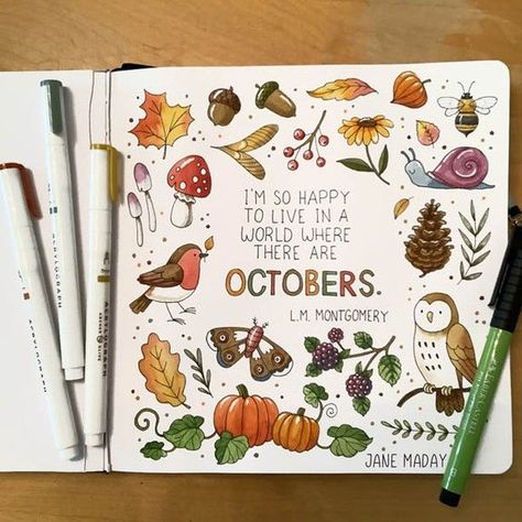 Autumn Drawing Ideas, Autumn Bujo, Jane Maday, Fall Notebook, Archer And Olive, Autumn Doodles, Bullet Journal Font, Bullet Journal Notes, The Archer