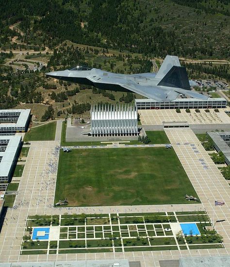 F-22A Raptor #91-4006 soars over the grounds of the U.S. Air Force academy in Colorado on June 1. This flight was flown by Lt. Col. Dawn Dunlop, an F-22 test pilot and 1988 academy graduate, in support of the Class of 2004's graduation parade. Colonel Dunlop and the Raptor are from Edwards AFB, California. [USAF photo by Kevin Robertson] United States Air Force Academy, Denver History, Air Force Families, Jet Fighter Pilot, Free Business Plan, F22 Raptor, Military School, Air Force Academy, Future Job