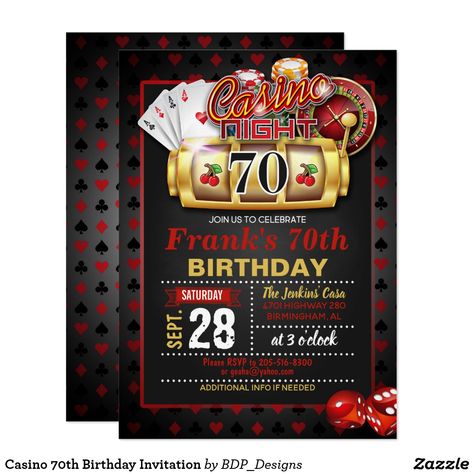 Casino 70th Birthday Invitation Casino Night Invitations, Casino Birthday Party, Bachelor Party Invitations, Casino Party Invitations, Casino Birthday, 90th Birthday Invitations, 70th Birthday Invitations, 80th Birthday Invitations, 16th Birthday Invitations