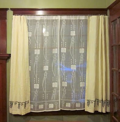 Living Room Curtains. Purchased lace curtains underneath. I made the top curtains from linen, then stencilled them with the wisteria pattern and embroidered them. I think they turned out pretty well. Embroidered Wisteria, Craftsman Curtains, Craftsman Style Interiors, Craftsman Window, Arts And Crafts Interiors, Arts And Crafts Bungalow, Homemade Curtains, Arts And Crafts For Teens, Arts And Crafts Furniture