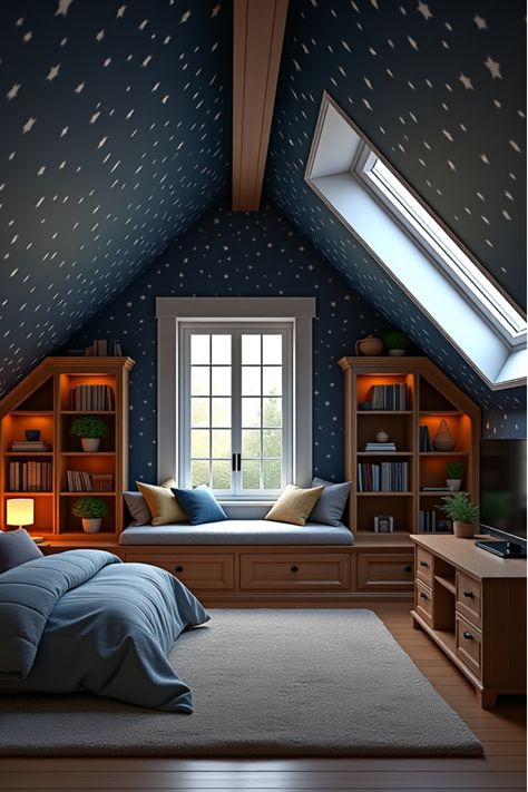 Attic bedroom with starry wallpaper, skylight, and cozy window seat Wallpaper Ceiling Attic, Slanted Ceilings Bedroom, Wallpaper Sloped Ceiling, Bedroom Ideas With Slanted Ceiling, Slanted Ceiling Bedroom Kids, Angled Ceiling Bedroom Ideas, Sloped Ceiling Bedroom Kids, Boys Attic Bedroom Ideas, Small Slanted Ceiling Bedroom