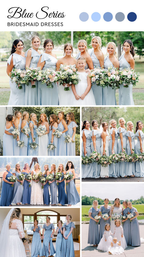 Discover stunning blue bridesmaid dresses for real weddings! From navy to soft sky hues, these styles add a touch of elegance to your bridal party. Perfect for any wedding theme! Baby Blue Bridesmaids Dresses, Baby Blue Bridesmaid Dress, Soft Blue Wedding Theme, Wedding Colors With Blue, French Blue Bridesmaid Dresses, Sky Blue Wedding Theme, Navy Blue Bridal Party, Shades Of Blue Bridesmaid Dresses, Bridesmaid Dresses Light Blue