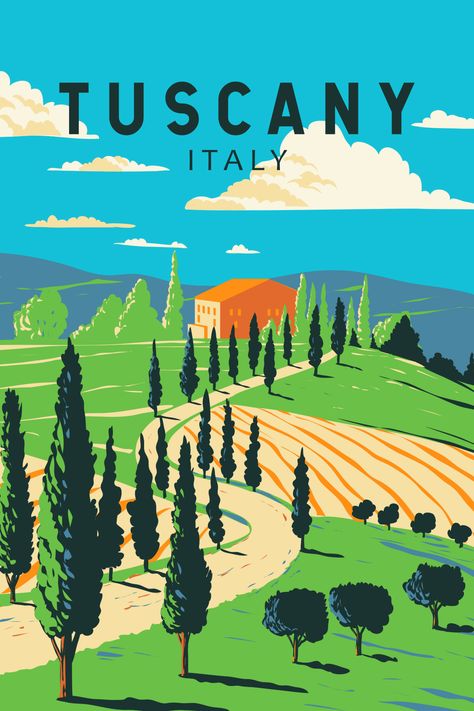 Retro art poster of Tuscany in Italy showcasing serene landscapes and timeless beauty. Tuscany Italy Vineyards, Tuscany Vineyard, Italy Illustration, Vintage Italian Posters, Vintage Postcards Travel, Italian Posters, Tuscany Travel, Italy Poster, Toscana Italia