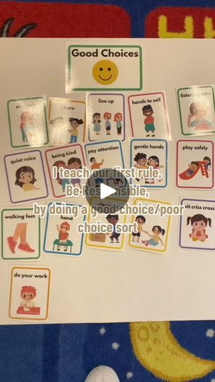 Explore how we introduce the concept of responsibility in our classroom. Students participate in a "Good Choice, Poor Choice" activity where they sort cards based on the actions depicted. This interactive approach helps them understand what being responsible looks like. We also add "Responsible" to our "Wow Words Chart," which helps expand their vocabulary with new words. | Preschool Vibes Preschool Vibes, Teaching Responsibility, Being Responsible, Wow Words, Class Rules, 10k Views, Teacher Hacks, Kindergarten Activities, New Words