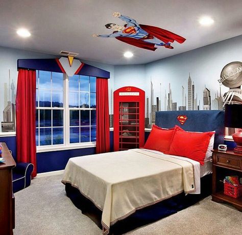 Superman boys bedroom #marvel Superman Kids Room, Batman Kids Rooms, Toddler Room Ideas For Boys, Sonic Bedroom Ideas, Superman Bedroom, Superman Room, Design A Superhero, Toddler Room Ideas, Room Ideas For Boys