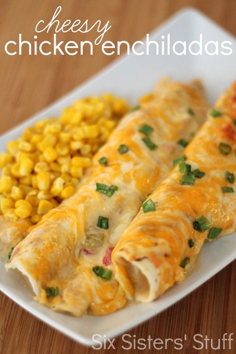 Chicken Enchiladas Recipe, Chicken Shredded, Cheesy Chicken Enchiladas, Six Sisters Stuff, Enchiladas Recipe, Six Sisters, Chicken Enchilada Recipe, Cooked Chicken, Chicken Main Dishes