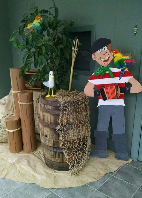 Pirate Party Entrance, Pirate Theme Vbs, Pirate Vbs Decorations, Pirate Display, Pirate Vbs, Surf Birthday Party, Pirate Party Decorations, Pirate Room, Library Themes