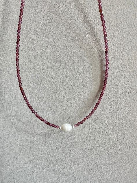 "Handmade natural garnet faceted crystal beaded necklace, 2mm beads, with a tiny freshwater pearl and sterling silver lobster clasp Necklace length approximately - 41 cm / 16\" Keep away from water. Avoid direct contact with perfumes and chemicals. Remove before showering or swimming." Garnet Beaded Necklace, Pearl And Gemstone Necklace, Red Gemstone Necklace, Pearl Silver Necklace, Crystal Beads Necklace, Kalung Manik-manik, 2mm Beads, Silver Pearl Necklace, Gemstone Beads Jewelry