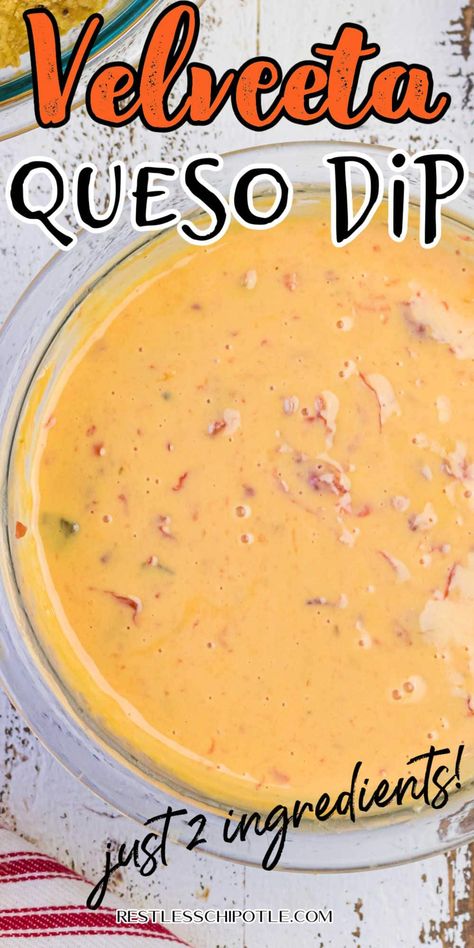 Easy Velveeta cheese dip has just 2 ingredients. This classic queso goes together fast in a microwave or crock pot. Perfect for game day and tailgating parties! Easy Recipes With Velveeta Cheese, Queso Made With Velveeta, Queso Dip Using Velveeta Cheese, Taco Dip With Velveeta Cheese, Queso Dip Recipe Velveeta, Queso Recipe With Velveeta, Dip Using Velveeta Cheese, Queso Salsa Dip, Instant Pot Velveeta Queso