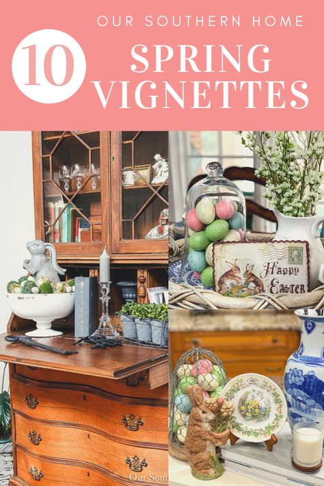 Easter Vignettes, Top Of Kitchen Cabinets, Yellow Brick Home, Spring Treats, Spring Bedroom, Easter Tablescapes, Brick Home, Easter Projects, Ideas For Easter