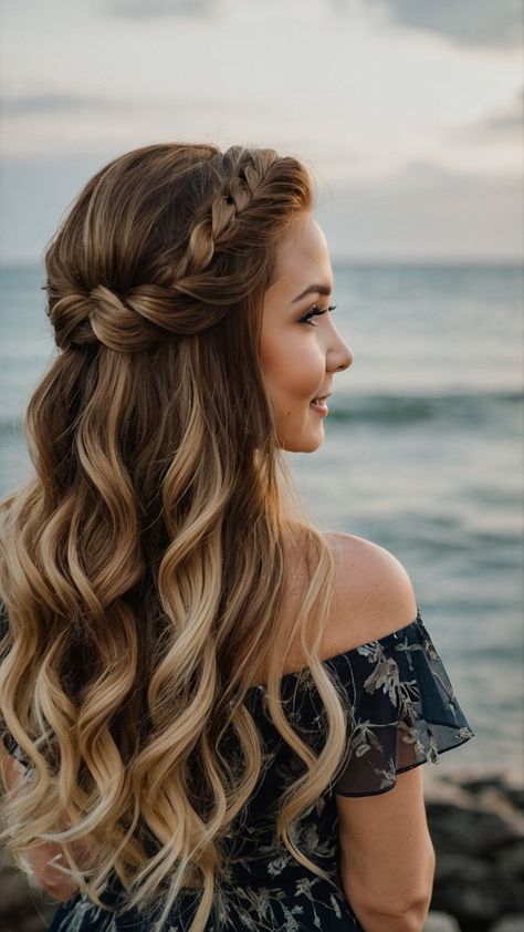 Long Hairstyles For Prom Half Up, Half Up Braided Wedding Hair, Wedding Braid Half Up, Halo Braid Half Up Half Down, Bridesmaid Half Up Half Down Hair Medium, Braid Hairstyles For Wedding Bridesmaid, Half Up Half Down Homecoming Hair, Formal Hair Half Up Half Down, Wedding Hairstyles Half Up Half Down Long