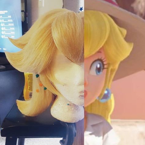 So this looks a little silly but I'm pretty dang happy with how accurate she's coming along. Gotta adjust the peach bangs just a tiny bit .… Princess Peach Wig Tutorial, Princess Peach Cosplay Diy, Princess Peach Hair, Princess Peach Wig, Peach Wig, Cheap Halloween Costumes Diy, Mario Princesses, Princess Peach Costume, Princess Peach Cosplay