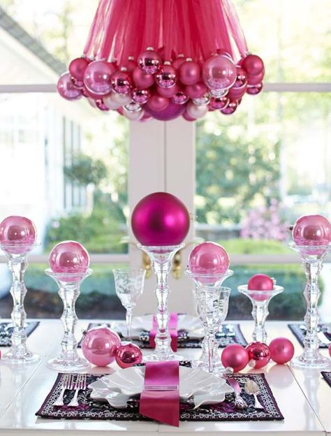 Pink Christmas Decoration Ideas | Christmas Celebrations Christmas Chandelier Decorations, Christmas Chandeliers, Christmas Chandelier, Christmas Table Decorations Diy, Chandelier Decorations, Diy Christmas Table, Tafel Decor, Pink Christmas Decorations, Christmas Tablescapes