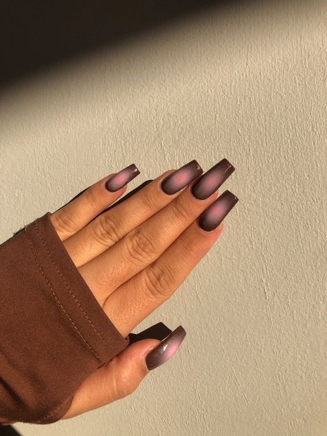 Aura Gradient Nails, Milky Aura Nails, Dark Purple Aura Nails, Aura Color Nails, Purple Tapered Square Nails, Aura Glow Nails, Purple And Brown Nails, Grey Aura Nails, Aura Nails Brown