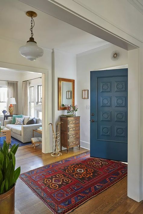 22 Foyer Ideas for a Bold, Beautiful Entry Entry Room Storage, Entryway With No Walls, Entry Into Living Room Small Spaces, Wide Entry Way Ideas, Small Entryway Seating Ideas, Side Door Entryway Ideas, Apartment Foyer Design Entryway, Renter Friendly Entryway Ideas, Eccentric Entryway