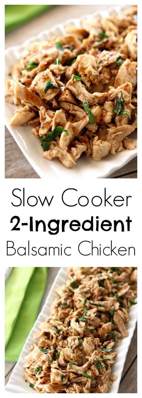 Slow Cooker 2-Ingredient Balsamic Chicken–tender, moist bites of shredded chicken flavored with a light balsamic dressing. With literally only 2 ingredients and the fact that it’s made in the crockpot, this recipe couldn’t be easier to make. This balsamic chicken tastes great on salads, over rice or with a baked potato. Baking Chicken, Shred Chicken, Balsamic Recipe, Chicken Tender, Shredded Chicken Recipes, Creative Baking, Slow Cooked Meals, Balsamic Chicken, Balsamic Dressing