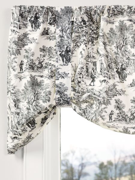 Essex Toile Rod Pocket Tie-Up Valance Types Of Design Styles, French Country Manor, Tie Up Valance, Check Curtains, Custom Valances, Black Toile, Repeat Design, Farmhouse French Country, Toile Pattern