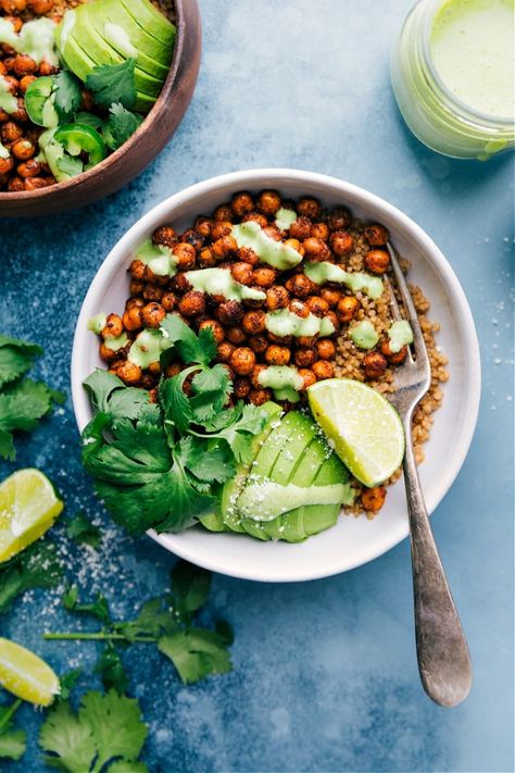 Perfectly-spiced Mexican Chickpeas roasted to perfection & drizzled in a cilantro sauce! Serve the chickpeas in bowls or lettuce wraps. Mexican Chickpeas, Greek Couscous Salad, Rotisserie Chicken Tacos, Chelsea's Messy Apron, Cilantro Lime Sauce, Sweet Potato Black Beans, Cilantro Sauce, Vegetarian Tacos, Ambrosia Salad