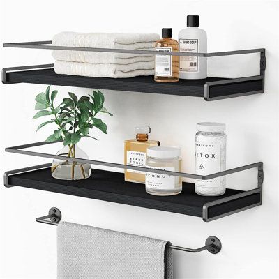 The Bathroom floating shelves is made of high-quality painted pine wood with waterproof feature. The gray metal bracket with rail around that prevents anything from falling. The floating bathroom shelves with towel bar are durable enough to bear weight capacity up to 30 lb in solid concrete wall. Aesthetic Stylish Solution - Simple, clean-lined rustic wood hanging shelves featuring a timeless, become an accent decor for whatever is placed on them. The rustic yet modern stylish floating shelves c Black Metal Shelves, Metal Guardrail, Hanging Bathroom Shelves, Metal Bathroom Shelf, Tiered Shelves, Bathroom Wood Shelves, Bathroom Shelves Over Toilet, Wand Organizer, Black Floating Shelves