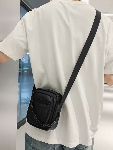 Black  Collar  PU Leather Plain Square Bag Embellished   Men Bags Side Bag Outfit Men, Cross Body Bag Outfit Men, Outfit With Sling Bag, Crossbody Bag Outfit Men, Cross Body Bag Outfit, Leather Side Bag, Men Crossbody Bag, Saint Motel, Black Sling Bag