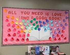 "All you need is love...(and a good book!) Our February bulletin board. Featuring the romance genre. :) Valentine Bulletin Board Ideas For School, Read Your Heart Out Bulletin Board, All You Need Is Love Bulletin Board, Love Bulletin Board, Valentines Library, February Library Bulletin Boards, February Bulletin Boards, Book Bulletin Board, School Library Lessons