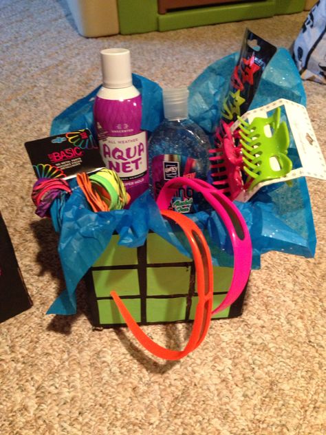 80's bathroom basket 80s Gift Basket Ideas, Tricky Tray Baskets, Tricky Tray, Decades Party, Bunco Night, Theme Baskets, 80s Birthday, 80s Party Decorations, 80s Gift