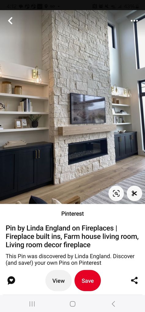 Living Room Built Ins With Fireplace, Shelves Around Fireplace, Stone Tile Fireplace, Austin White, Built In Entertainment Center, Tile Fireplace, Living Room Built Ins, Room Fireplace, Fireplace Built Ins