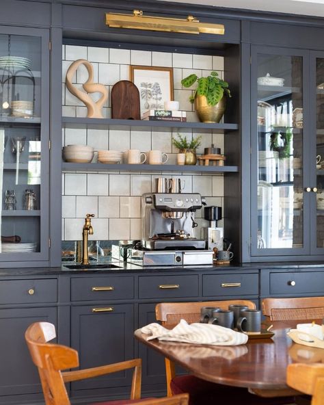 Coffee Bar Inspiration, Black Mini Fridge, Built In Coffee Bar, Stoffer Home, Coffee Bar Design, Bar Inspiration, Coffee Bars In Kitchen, Coffee Nook, Home Coffee Bar