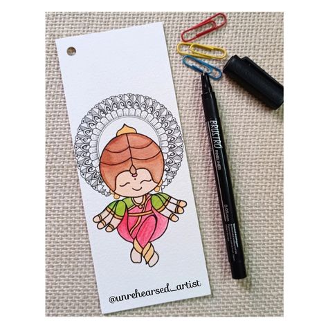 Postcard Painting, Small Bookmark, Indian Rangoli Designs, Lord Durga, Durga Ma, Bookmarks Quotes, Mini Mandala, Drawing Competition, Indian Rangoli