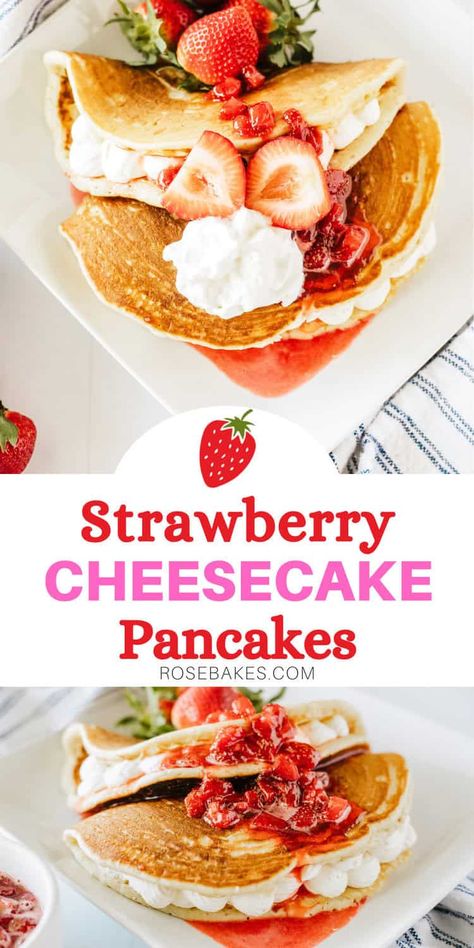 Strawberry Cheesecake Pancakes are melt-in-your-mouth buttermilk pancakes stuffed with a no-bake cheesecake filling, then stacked and topped with chunky homemade strawberry syrup, whipped cream, and fresh strawberries. Once you make this Cracker Barrel Cheesecake Pancakes Copycat recipe at home, you'll never look back! Cracker Barrel Stuffed Cheesecake Pancakes, Strawberry Cheesecake Pancakes Easy, Cracker Barrel Cheesecake Pancakes, Strawberry Cheesecake Breakfast, Strawberry Pancakes Recipe, Strawberry Cheesecake Pancakes, Cracker Barrel Copycat, Homemade Strawberry Syrup, Cracker Barrel Copycat Recipes