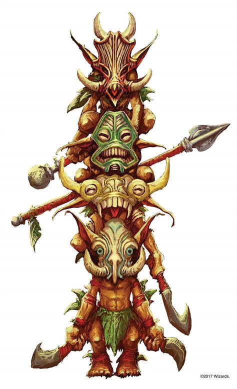 Batiri Goblins typically wear ornate war masks and form "battle totems" to intimidate and take down larger prey. Neverwinter Nights, Goblin Art, D D Monsters, Forgotten Realms, Dnd Monsters, Weird Creatures, Monster Design, Dungeon Master, Wizards Of The Coast