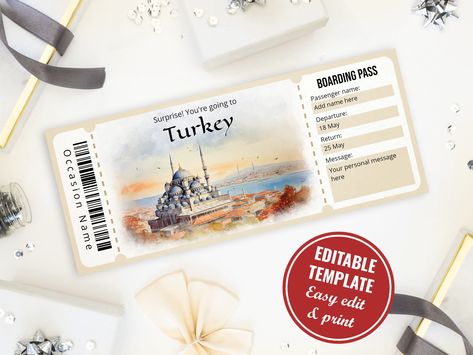 Editable Turkey boarding pass template, Watercolor Surprise Turkey trip reveal ticket template, Istanbul boarding pass, Instant Download Boarding Ticket, Turkey Trip, Boarding Pass Template, Printable Gift Certificate, Ticket Template, Printable Gift, Printing Center, Gift Certificates, Personal Message