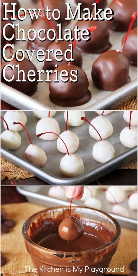 How to Make Homemade Chocolate Covered Cherries ~ It's not as hard as you think! With just 5 simple ingredients & a little chocolate-dipping patience, whip up your own homemade chocolate covered cherries that taste even better than the store-bought ones. A fun candy project that makes for perfect little gifts from the kitchen. www.thekitchenismyplayground.com Chocolate Covered Cherries Recipe, Gifts From The Kitchen, Maraschino Cherries, Chocolate Covered Cherries, Cherry Recipes, Fudge Sauce, Chocolate Craving, Chocolate Cherry, Love Chocolate