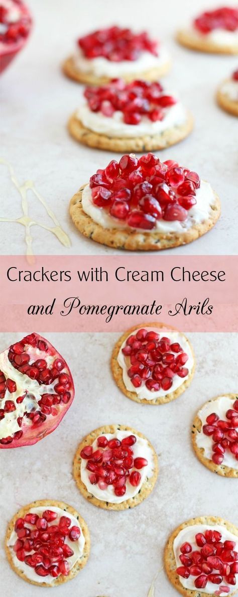 Try these crackers with cream cheese and pomegranate arils topped with honey. Perfect recipe for any party and quick to make. Bagels Ideas, Fruit Dip With Cream Cheese, Cracker Appetizers, Pomegranate Recipe, Crackers Appetizers, Dip With Cream Cheese, Thanksgiving Foods, Pomegranate Recipes, Fruit Appetizers