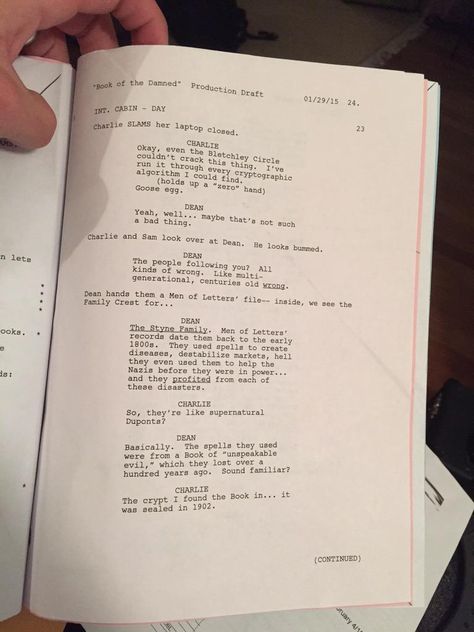 A photo of the script page of this scene :) #SupernaturaI Supernatural Script, Acting Scripts, Felicia Day, Film Script, Men Of Letters, Super Duo, Supernatural Seasons, As Seen On Tv, Good Bye