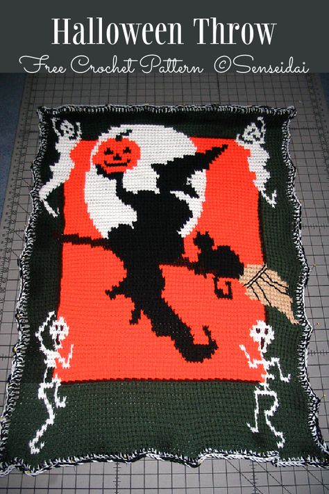 Halloween Blanket Crochet Patterns - DIY Magazine Halloween Blanket Crochet, Halloween Crochet Blanket, Throw Blanket Crochet, Halloween Throw Blanket, Fair Isle Crochet, Crochet C2c Pattern, Crochet Cat Bed, Crochet Blanket Edging, C2c Crochet Blanket