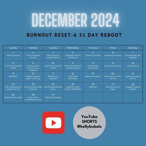 Join the upcoming challenge! December's BURNOUT RESET: A 31-DAY REBOOT. It's FREE out on YouTube. 
 
Bite-sized SHORTS loaded daily through the busy month to move you from zombie mode back to liveliness!

Subscribe and join the challenge by clicking picture. Sunday Monday Tuesday, Setting Boundaries, Monday Tuesday Wednesday, 31 Days, Visit Website, Work Life Balance, The Challenge, Zombie, Self Care