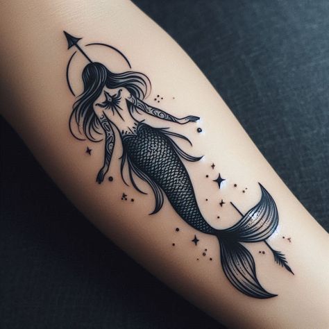 15 Mermaid Tattoo Ideas to Represent Freedom and Empowerment Sea Queen Tattoo, Greek Siren Tattoo, Taurus Mermaid Tattoo, Mermaid With Trident Tattoo, Mermaid Simple Tattoo, Mermaid Tattoo Black And White, Mermaid Tattoo Designs Sirens, Siren Tattoo Design, Egyptian Mermaid