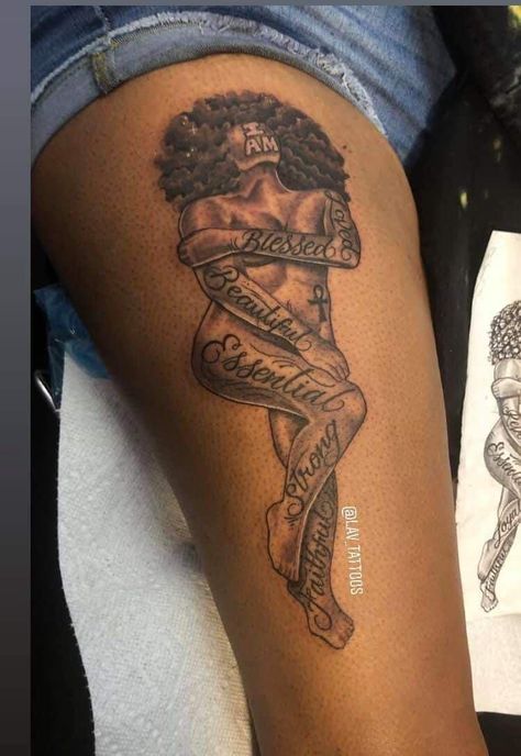 Tattoo Ideas For Women Unique Back, Women Side Body Tattoo, Afro Tattoo Ideas Natural Hair, Self Love Leg Tattoo, Black Queen Tattoo For Women, Strong Black Woman Tattoo Ideas, I Am Tattoos For Black Women, Leg Tats For Women Thigh Piece, Tattoo Of Black Woman