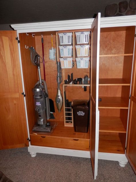 Organize and Storage - Reclaimed Pine Cabinet Into a Cleaning Station. Vacuum Cleaner Storage Ideas, Cleaner Storage Ideas, Armoire Repurpose, Vacuum Cleaner Storage, Cleaning Station, Pine Cabinet, Utility Closet, Pine Cabinets, Broom Closet