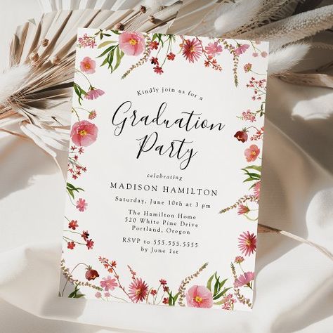 $2.77 | Elegant Pink Spring Floral Graduation Party #floral graduation party invitations, watercolor floral, pink flowers, wildflowers, elegant, graduate, botanical, high school graduation, college graduation, feminine Floral Graduation Party, Graduation Invites, Graduation Invitation Cards, Graduation Invitations High School, Graduation Templates, College Graduates, Graduation Party Invitation, Graduation Invitation, Pink Spring