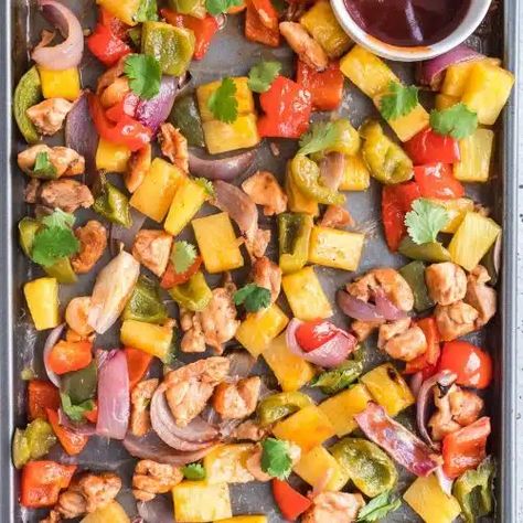 Pineapple Chicken Sheet Pan Meal - Celebrate and Have Fun Pineapple Chicken Sheet Pan, Ground Beef Fajitas, Chicken Sheet Pan Recipe, Chicken Sheet Pan, Sheet Pan Meals Chicken, Bbq Sauce Chicken, Roasted Pineapple, Pan Recipe, Sheet Pan Dinners Recipes