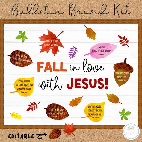 Christian October Bulletin Boards, Fall Ideas For Bulletin Boards, Fall For Jesus Bulletin Board, Fall Jesus Bulletin Board, Fall In Love With Jesus Bulletin Board, Fall Sunday School Decorations, Church Fall Bulletin Board Ideas, Fall Bulletin Board Ideas For Church, Christian Fall Decor