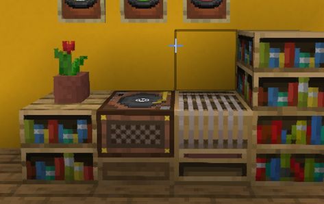 Hi everyone, this is my very first texturepack, so it's rather simple. Whenever I play Minecraft, I found it odd that we insert a black disk record... Minecraft Record Shop, Music Shop Minecraft, Jukebox Minecraft Ideas, Minecraft Record Store, Minecraft Jukebox Ideas, Minecraft Jukebox Design, Minecraft Instruments, Minecraft Music Room, Minecraft Piano