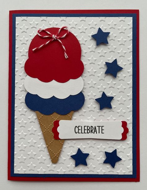 Fourth of July ice Cream A2 Card, Independence, Red White Blue, USA - Etsy Fourth Of July Ice Cream, 4th Of July Crafts, Independence Day Card, 4th July Crafts, Summer Cards, Cricut Cards, July Crafts, Stamping Up Cards, Card Layout