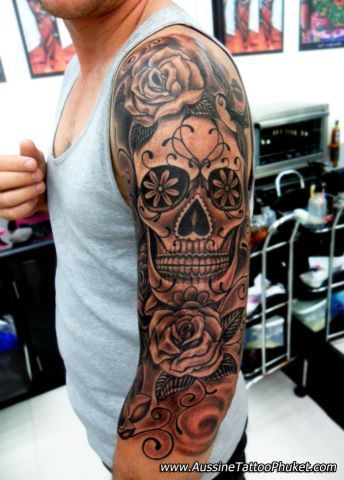 25 sugar skull tattoo designs - Skullspiration.com - skull designs, art, fashion and more: Skull Tattoo For Men, Skull Candy Tattoo, Mexican Skull Tattoos, Candy Skull Tattoo, Skull Tattoo Designs, Tattoo Homme, Sugar Skull Tattoo, Mexican Tattoo, Catrina Tattoo