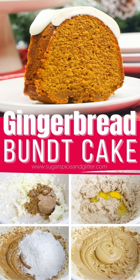 How to make a gingerbread bundt cake with cream cheese frosting, this super simple bundt cake whips up in less than 15 minutes but makes for a gorgeous centerpiece for your Christmas party. Gingerbread Bundt Cake Recipes, Cake Recipe With Sour Cream, 3 Ingredient Butter Cookies, Gingerbread Bundt Cake, Christmas Bundt Cake, Fun Cupcake Recipes, Ginger Molasses Cookies, Ginger Cake, Cake With Cream Cheese Frosting