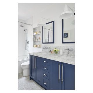 project fern - Transitional - Bathroom - Toronto - by rtg designs | Houzz AU Blue Subway Tile, Blue Bathroom Vanity, Blue Vanity, Eclectic Bathroom, Bathroom Paint Colors, Transitional Bathroom, Double Sink Bathroom, Double Sink Bathroom Vanity, Girls Bathroom